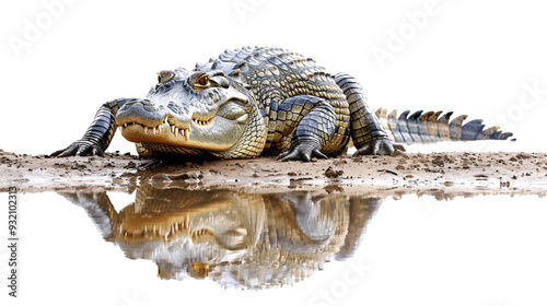 Crocodile lying in wait near the water's edge ready to strike, white background for clipping