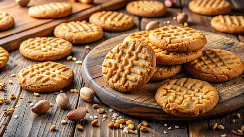 Freshly baked, chewy peanut butter cookies with crisscross patterns on a rustic wooden table, surrounded by crumbs and a few scattered peanuts.