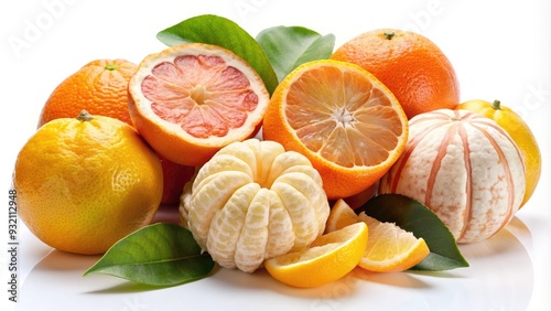 Freshly peeled citrus fruits, including oranges and grapefruits, reveal their white pith, exposing the segmented and juicy flesh within, against a clean white background.