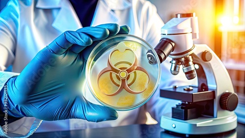 Gloved hand holding a petri dish with a biohazard symbol, surrounded by microscopes and laboratory equipment, highlighting the risk of medical contamination.