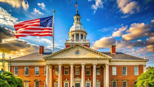 Historic Maryland State House in Annapolis, with American flag waving, surrounded by columns and elegant architecture, symbolizing state government and legislative power.