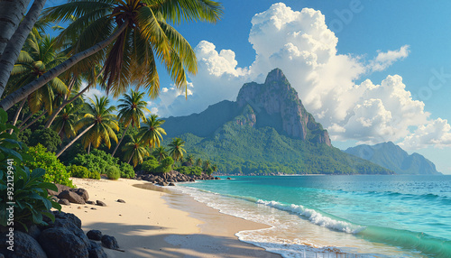 Tropical Paradise with Serene Mood Showcasing Pristine Beach Against Majestic Mountain Backdrop