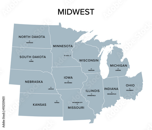 Midwest, census region of the United States of America, gray political map of census region 2, consisting of 12 single states. Map with geographical borders and capitals. Isolated illustration.