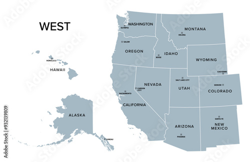 West, census region of the United States of America, gray political map of census region 4, consisting of 13 single states. Map with geographical borders and capitals. Isolated illustration.