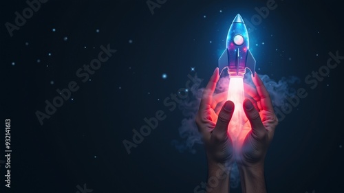 Two hands hold a glowing blue rocket against a dark background. Smoke trails signify liftoff and progress. Perfect for space exploration, science fiction, and futuristic themes.