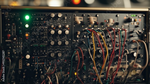 Close-up of a vintage analog synthesizer with a variety of colorful cables and illuminated knobs in a studio.