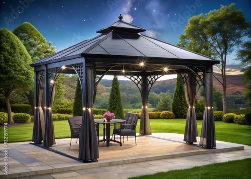 A mysterious and dramatic black gazebo stands beneath the starry night sky, an enchanting outdoor escape from the world's chaos and noise.