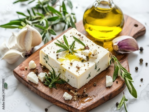 Olive oil drizzled feta cheese with herbs and garlic on a wooden board