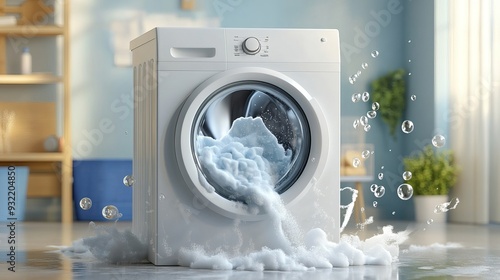 Clothes cleaning process, soap wave, detergent bubbles, white powder foam, closed door logo, and 3D laundry washer icon are all depicted in this clipart of a washing machine front view.