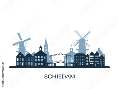 Schiedam skyline, monochrome silhouette. Vector illustration.