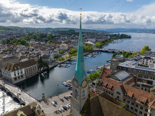 Zurich old town aerial. The Limmat river with the Fraumunster church, the Grossmunster cathedral in Zuerich, Switzerland