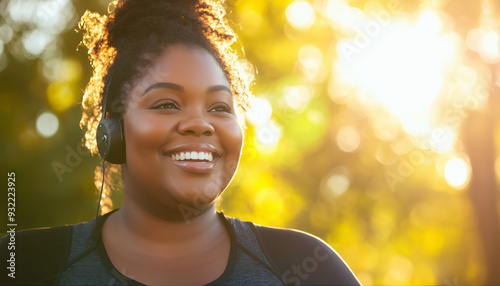 Mulher negra plus size feliz com fones de ouvido fazendo exercícios ao ar livre, sorrindo enquanto ouve música e caminha em um dia ensolarado. Conceito de estilo de vida saudável. 