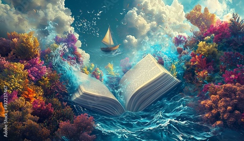 An open book with an ocean and boat inside, showcasing the concept of reading as exploration in different worlds. 