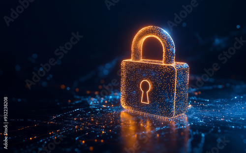 Digital Security Concept with orange Glowing Padlock particle style design