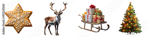 Festive Christmas elements including a gingerbread cookie, reindeer, sleigh with gifts, and a decorated Christmas tree on a transparent background for holiday designs