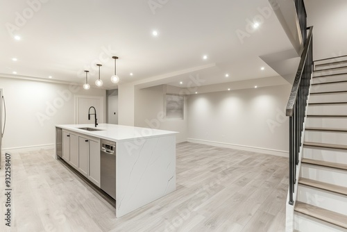 A beautifully renovated basement with a white countertop and a stylish staircase, providing an inviting atmosphere in a spacious layout