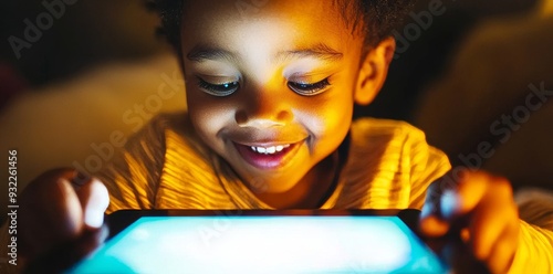 Black child using a smart tablet. Boy playing on iPad with AI technology on a tech device. Computer screen shining blue light.