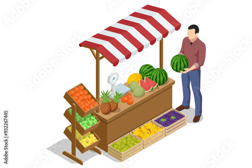 Isometric Fruts Sale. Farmer sells fresh Fruts. Natural fresh products. Sellers and marketing concept. Farmer market. Fresh fruit for sale at a market