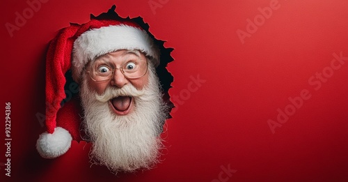 santa claus cheerfully peeking through a red paper wallpaper. Season greetings concept