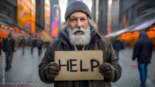 Homeless elderly beggar, asking for alms. Old man on the street holding a sign with the text "help". Social problem, poverty, despair and lack of money.