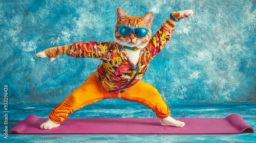 Funny Cat Yoga Pose with Sunglasses and Colorful Outfit