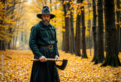 Intense man in pilgrim attire with a wide-brimmed hat holding an axe in an autumn forest