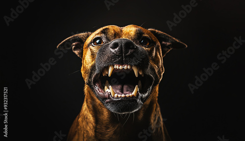 Close-up of an aggressive dog baring its teeth against a black background. The intense expression and sharp teeth emphasize the dog's anger and ferocity