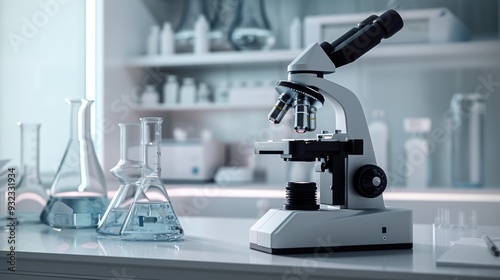 A microscope sits on a clean and simple white counter, ideal for medical or scientific settings