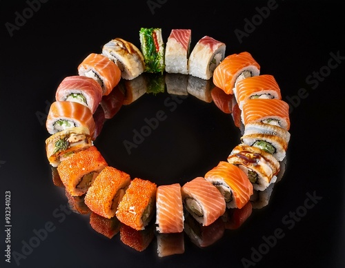 A glowing ring of assorted sushi rolls, arranged in a perfect circle, each piece illuminated