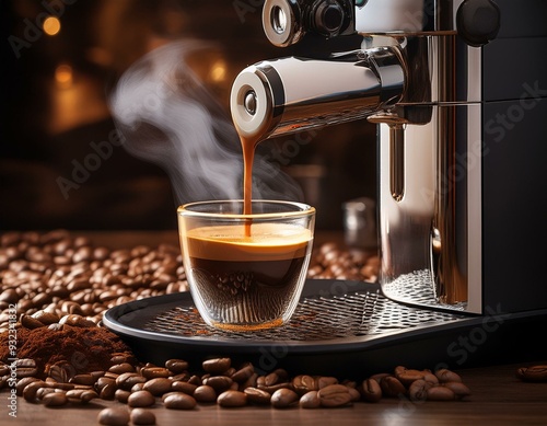 A gourmet coffee setup with a steaming espresso shot being pulled from a sleek espresso mach