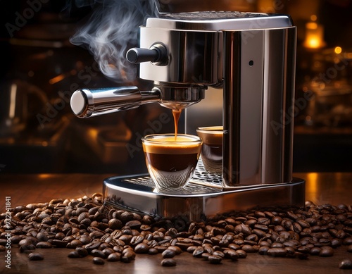 A gourmet coffee setup with a steaming espresso shot being pulled from a sleek espresso mach