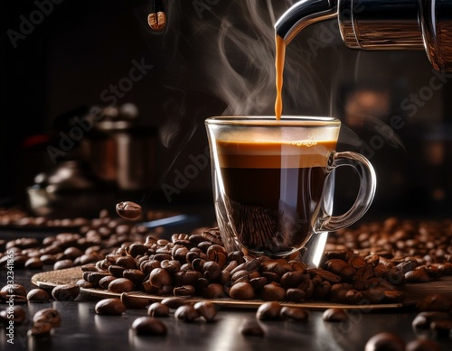 A gourmet coffee setup with a steaming espresso shot being pulled from a sleek espresso mach