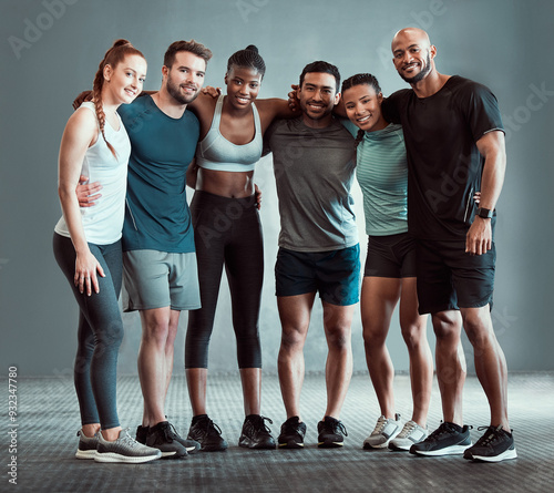 Group, portrait and smile for workout, gym training and exercise class or healthcare for bonding and wellness. People, diversity and motivation for sports, teamwork or support for collaboration