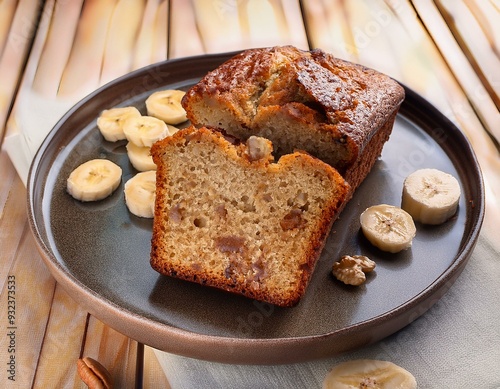 The moist, tender crumb of a freshly sliced loaf of banana bread, dotted with nuts.