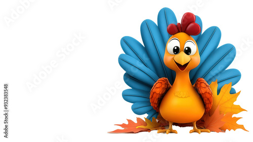 funny thanksgiving turkey surrounded by autumn leaves, isolated transparent png background