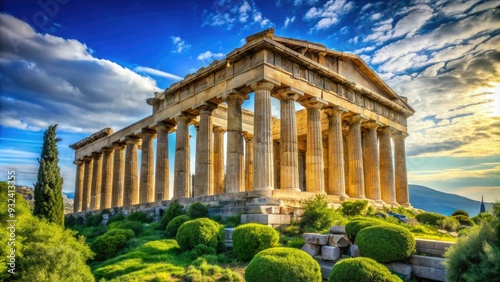 Majestic ancient Parthenon temple in Athens, Greece, standing proud amidst lush greenery, with iconic Doric columns and elegant marble architecture under a bright blue sky.