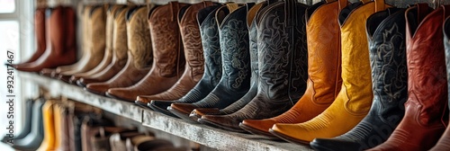 various leather cowboy boots hanging on display wall