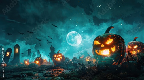 Flaming pumpkins line the ground with zombies roaming under a bright full moon, creating a spooky Halloween atmosphere