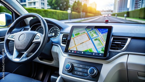 Modern sleek car's onboard computer system displaying real-time traffic updates, GPS navigation, and vehicle performance data on a high-resolution touchscreen dashboard display.