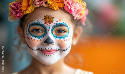 Close-Up of Happy Child in Calavera Katrina Costume with Face Painting for Halloween