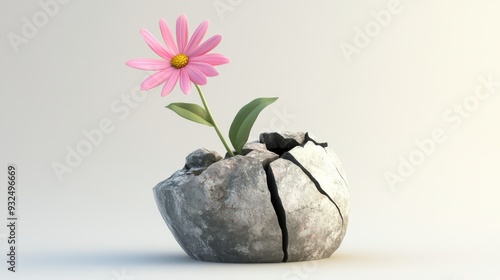 A surreal 3D illustration of a flower growing out of a cracked stone, symbolism of resilience, isolated on white background