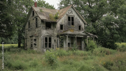 The dilapidated house, covered in vines and surrounded by tall grass, shows signs of long-term abandonment and decay in a rural setting