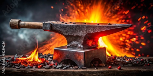 Iron anvil glowing from red hot furnace coals with hammer and tools, anvil, iron, red hot, furnace, coals