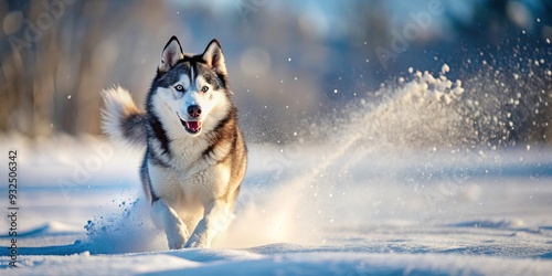 Energetic husky running through snowy landscape, Husky, dog, pet, energetic, running, snow, winter, landscape, picturesque