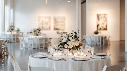 A sophisticated wedding reception inside a modern art gallery, with tables arranged among the artwork. The tables are dressed in minimalist white linens with sleek floral arrangements and