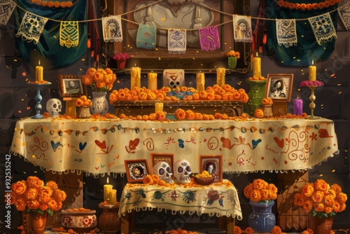 Day of the Dead altar with orange marigolds, candles, and framed photos, representing Mexican tradition and ancestor celebration. ai