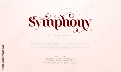 Symphony swash luxury elegant alphabet letters and numbers. Vintage wedding typography classic serif font decorative vintage retro. creative vector illustration