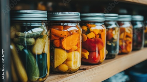 A row of mason jars filled with a variety of pickled vegetables, showcasing a rainbow of preserved produce in a rustic setting.