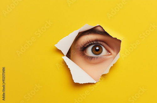 Portrait of a woman with beautiful eyes looking through paper hole, scandal, gossip, secret