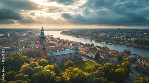 Aerial view of the Latvian academy of sciences in Riga in a summer cloudy day Latvia It was built between 1953 and 1956 dominates the skyline standing at 108m tall : Generative AI